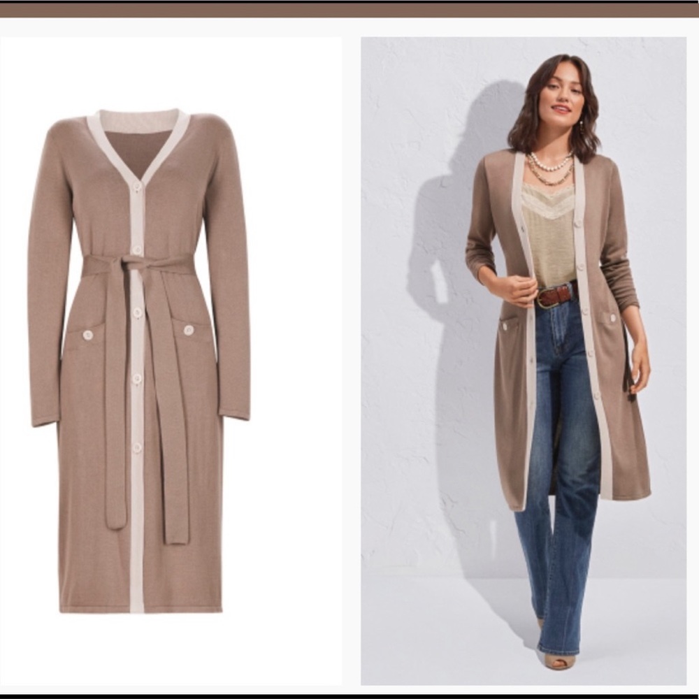 CAbi Taupe Long Cardigan with Cream Trim